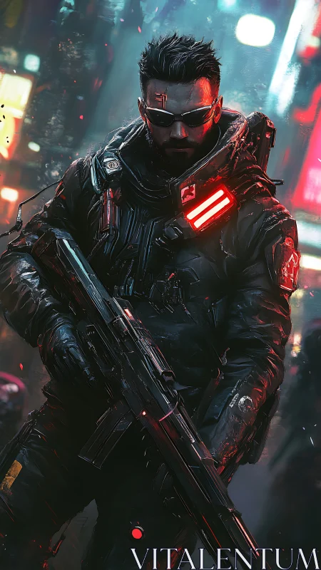 Cyberpunk soldier in black armor holding rifle at night.