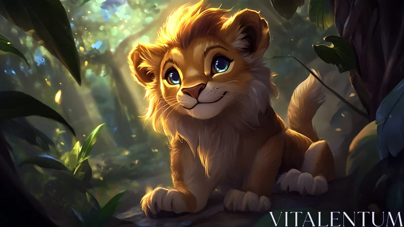 Young lion cub sits in glowing forest clearing light