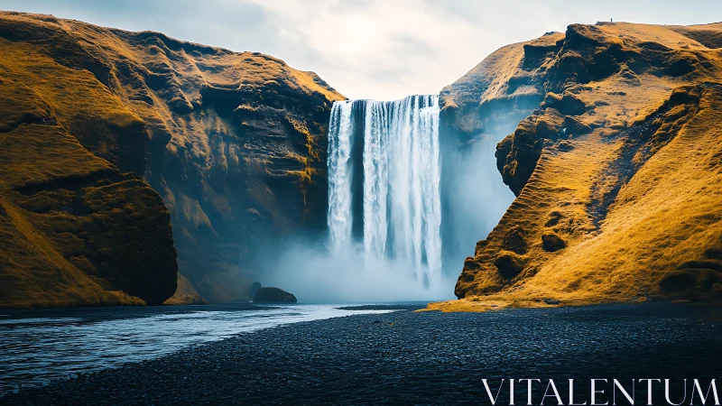 Majestic Waterfall Nestled Between Golden Mountain Cliffs