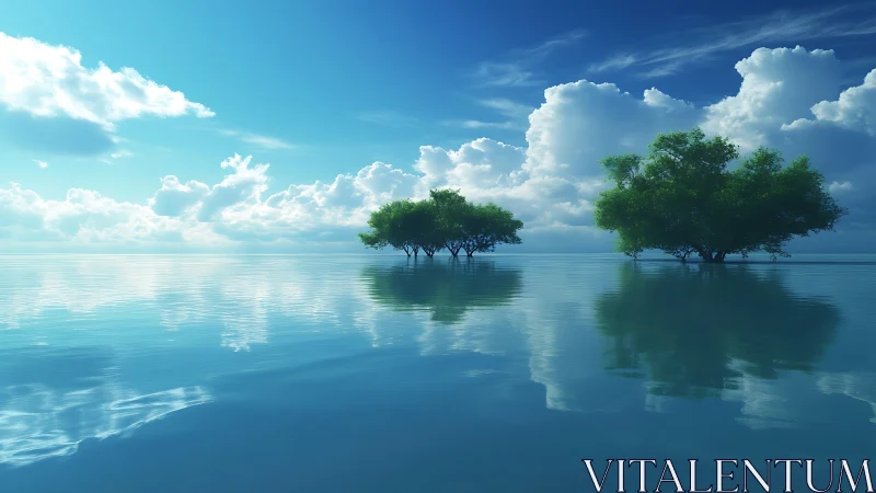 Calm Water Reflects Two Trees Under Cloudy Sky