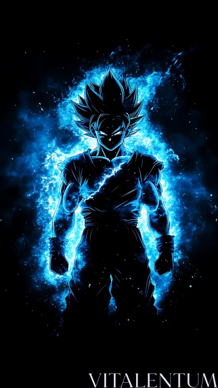 Electric warrior carves a silhouette from cosmic blue fire