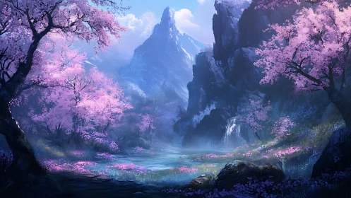 Spectral alpine basin with luminous cherry flora and misted falls.