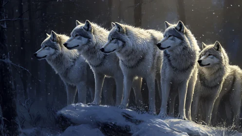 Timber wolf pack on snowy ridge under raking winter backlight
