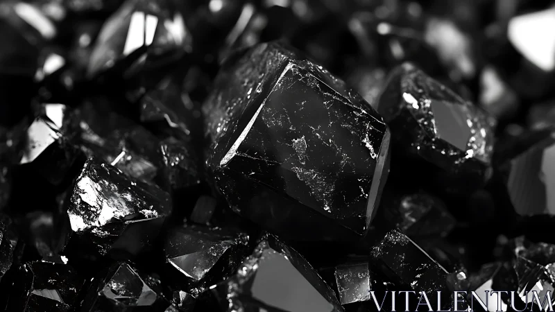 Gleaming black crystals catching light in a moody cluster.