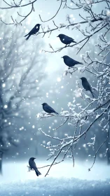 Black birds perch on snowy branches during steady snowfall