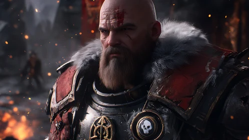 Armored bearded warrior in fur-trimmed red and steel cuirass.