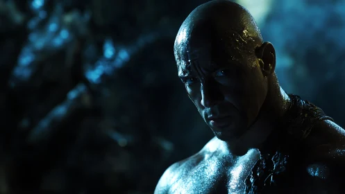 Gritty warrior stands in moody blue light, gaze unshakable