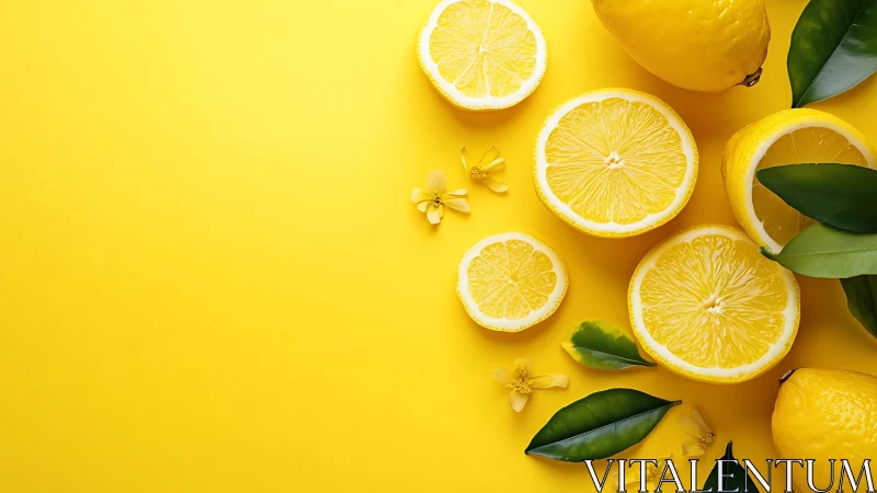 Cut lemons rest on vivid yellow background with green leaves