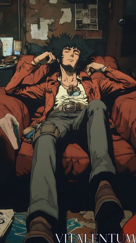 Languid bounty hunter melting into a bruised red armchair.