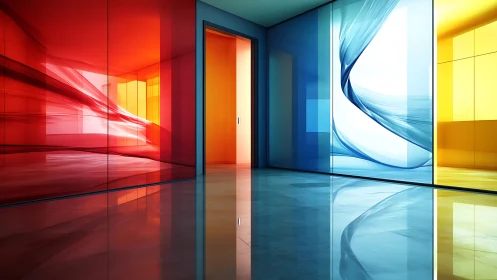 Color-blocked glass corridor shows red, blue and yellow walls