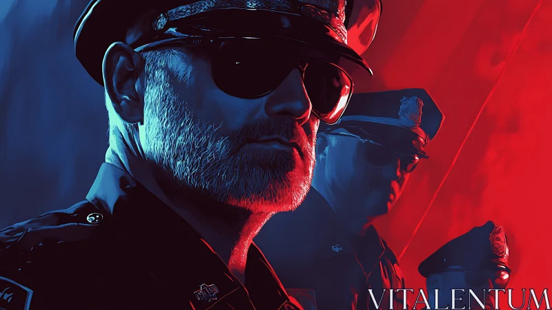 Stylized police officers stand in bold red and blue light