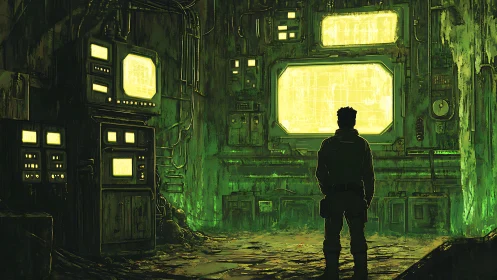 Lone figure in cyberpunk control room with green monitors.