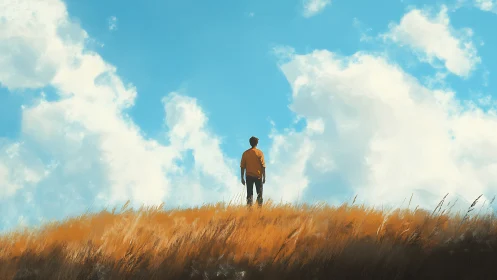 Solitary figure standing on grassy hill under open sky.