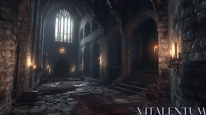 Gothic stone hall with arched windows and candlelight.