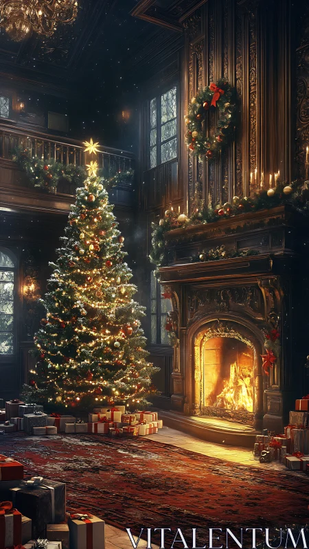 Grand manor Christmas glow around tree, gifts and hearth.