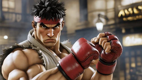 Martial artist readies powerful punch in urban night scene.