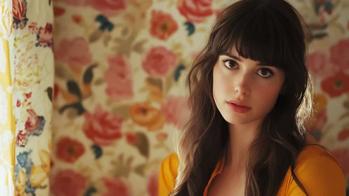 Portrait of brunette woman against soft floral backdrop.