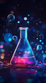 Iridescent laboratory flask glows amid vibrant bokeh particles