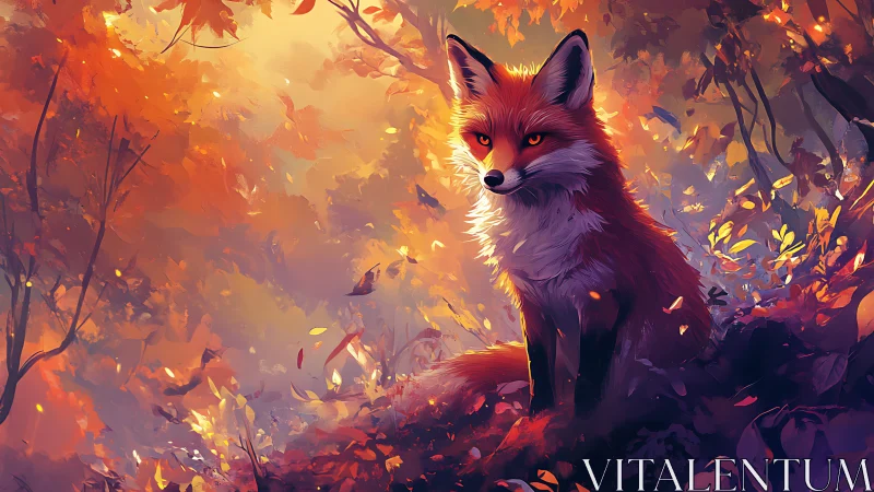 Red fox sitting in vivid orange autumn forest scene.