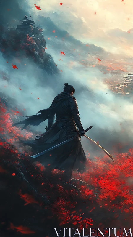 Samurai warrior stands in red field overlooking misty valley