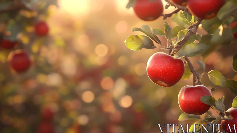 Sunlit apple orchard branch captures warm autumn bokeh glow