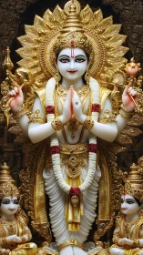 Golden Hindu deity statue with ornate garlands and halo.