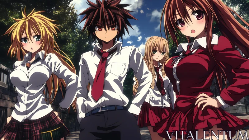 High school anime group stands confident on sunlit campus