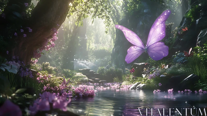 Fantasy forest stream with luminous purple butterfly.