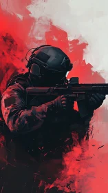 Tactical soldier with rifle in red and white abstract field.