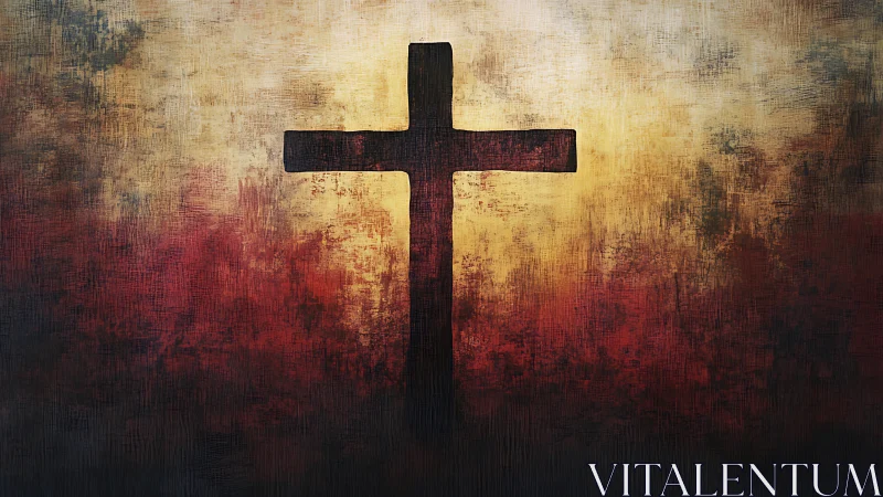 Cross silhouette glows against textured golden dusk sky.