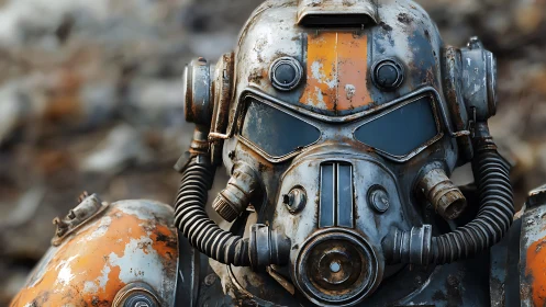 Post-apocalyptic power armor portrait in photoreal detail.
