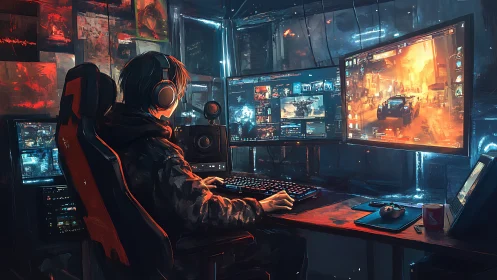 Night gamer commands neon-lit battlestation in digital den