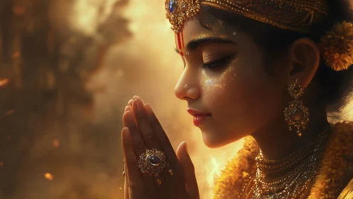 Side profile shows adorned child figure with hands joined