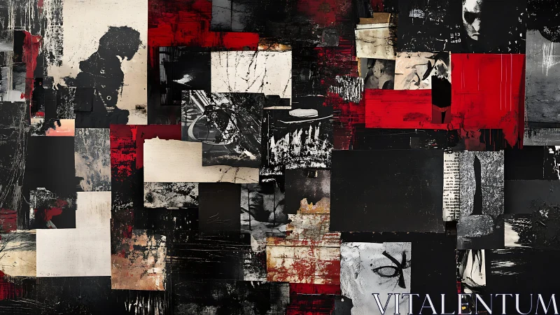 Collaged urban abstraction with red, black and distressed textures.