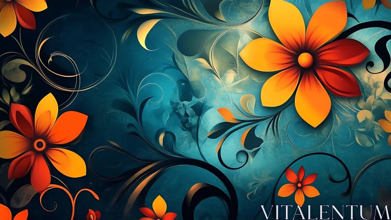 Dimensional floral composition with scrollwork ornamentation on blue gradient background.