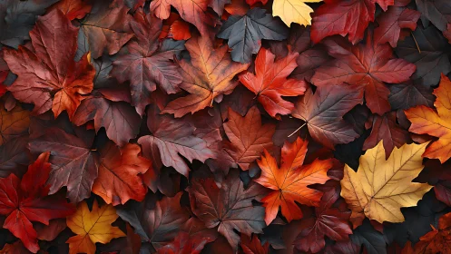 Crimson and amber maple foliage in layered autumn carpet.