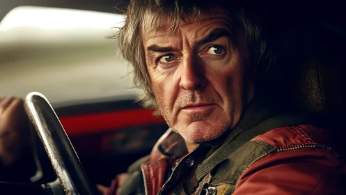 Weathered driver studies the road with flinty suspicion