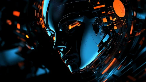 Cyberpunk chrome visage within luminous circuit halo construct.