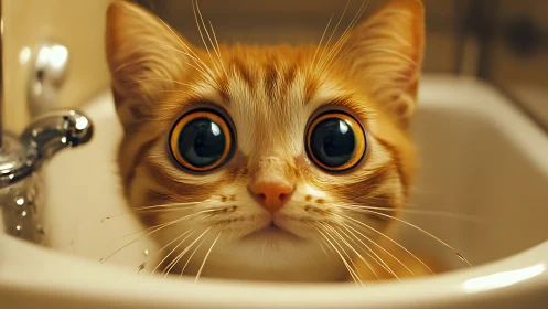 Cat with Striking Orange Eyes in Bathroom Sink.