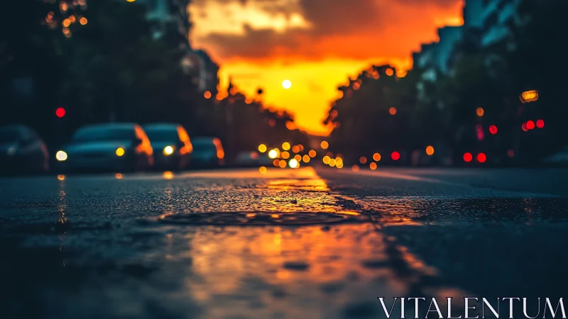 Wet city street reflects blurred traffic under vivid sunset