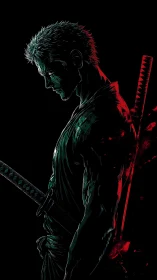 Solitary swordsman pauses in shadow, wrapped in quiet resolve