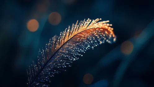 Macro study of dewy feather illuminated by warm rim light