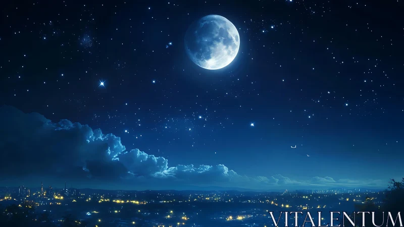 Moonlit city skyline under deep sapphire night sky.