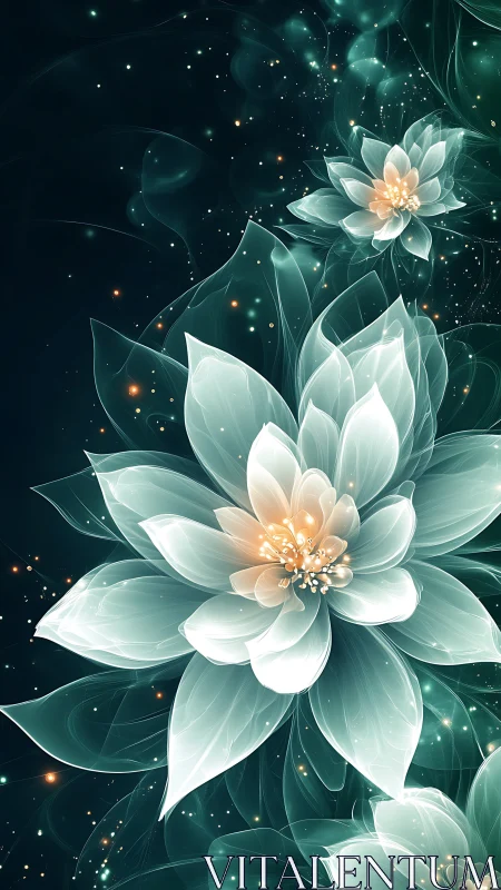 Luminous ethereal lotus blooms glow against cosmic night.