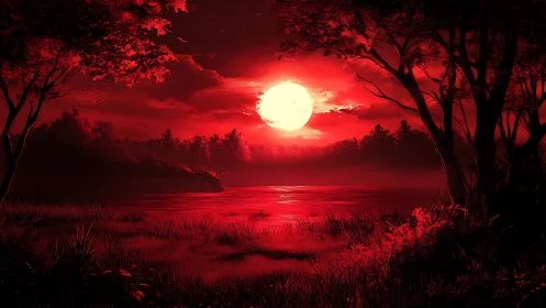 Bloodred moon drenches a silent forest lake in molten glow
