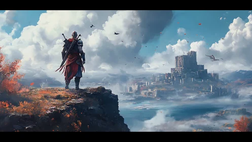 Lone armored wanderer surveying misty citadel vista.