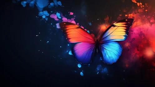 Radiant butterfly spreads glowing rainbow wings in deep night