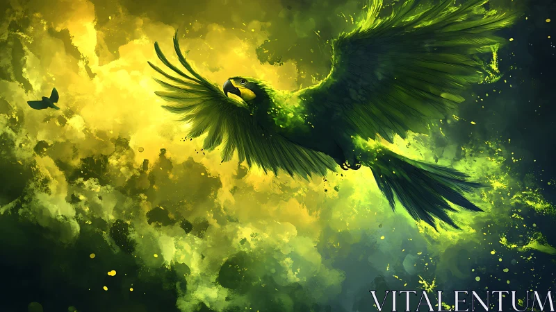 Vibrant Green Parrot in Flight, Abstract Digital Art Style.