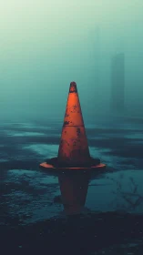 Solitary traffic cone glows on wet asphalt in dense fog