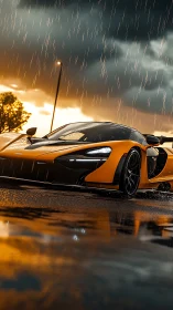 Stormlit supercar prowls through molten city rainfall.